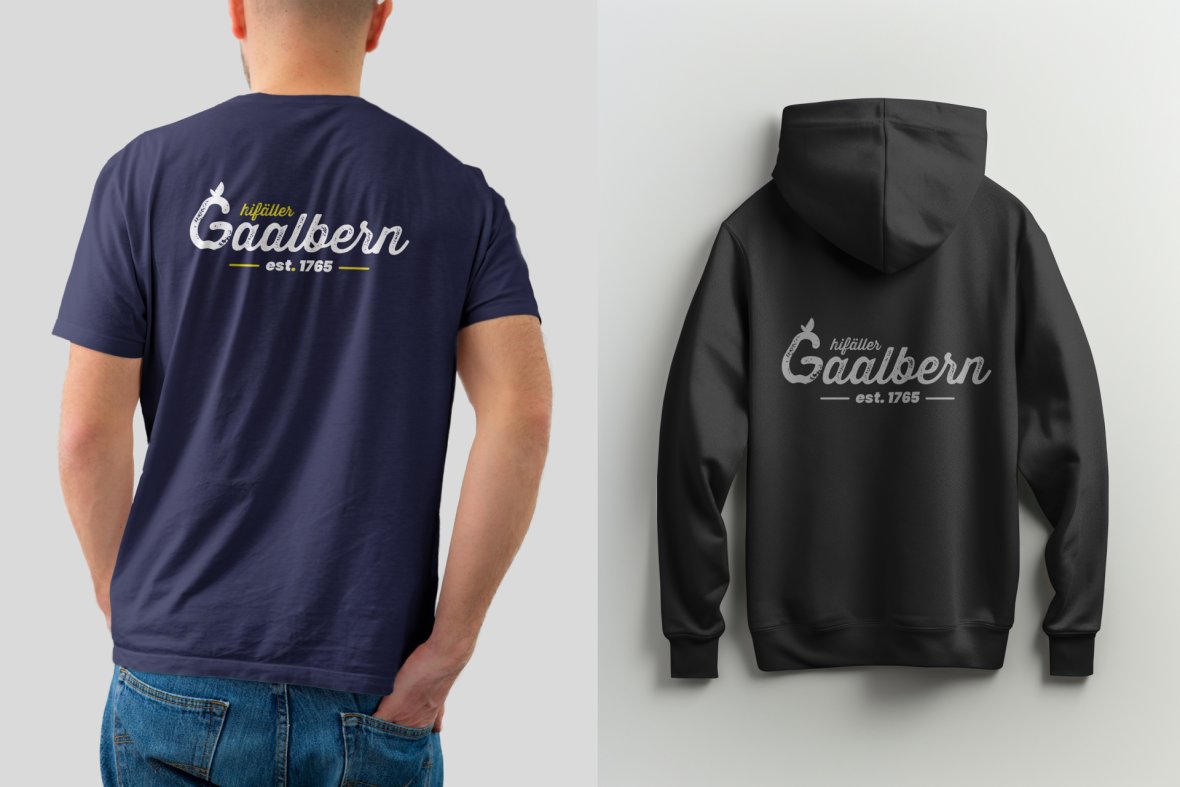 T-Shirt und Kapuzenpulli in Schwarz mit grauem "hifäller Gaalbern" Label