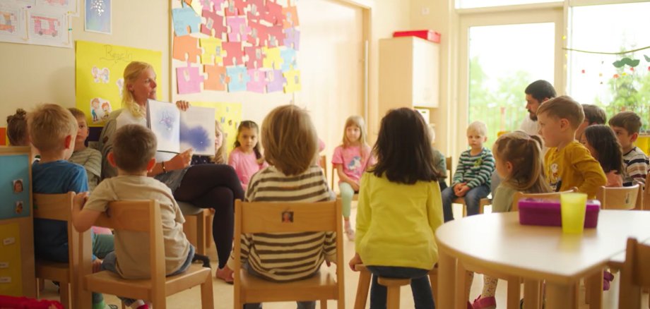 Einer Gruppe von Kindergartenkindern wird in der Kindertagesstätte aus einem Buch vorgelesen