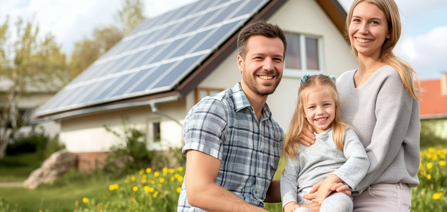 Happy family holding paper model of house with solar panels.Alternative energy, saving resources and sustainable lifestyle concept
