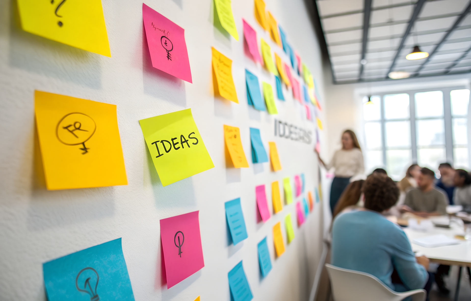 Creative team brainstorming session with colorful sticky notes filled with ideas on wall, symbolizing collaboration, innovation, and group planning. Creative team brainstorming session with colorful sticky notes filled with ideas on wall, symbolizing collaboration, innovation, and group planning.