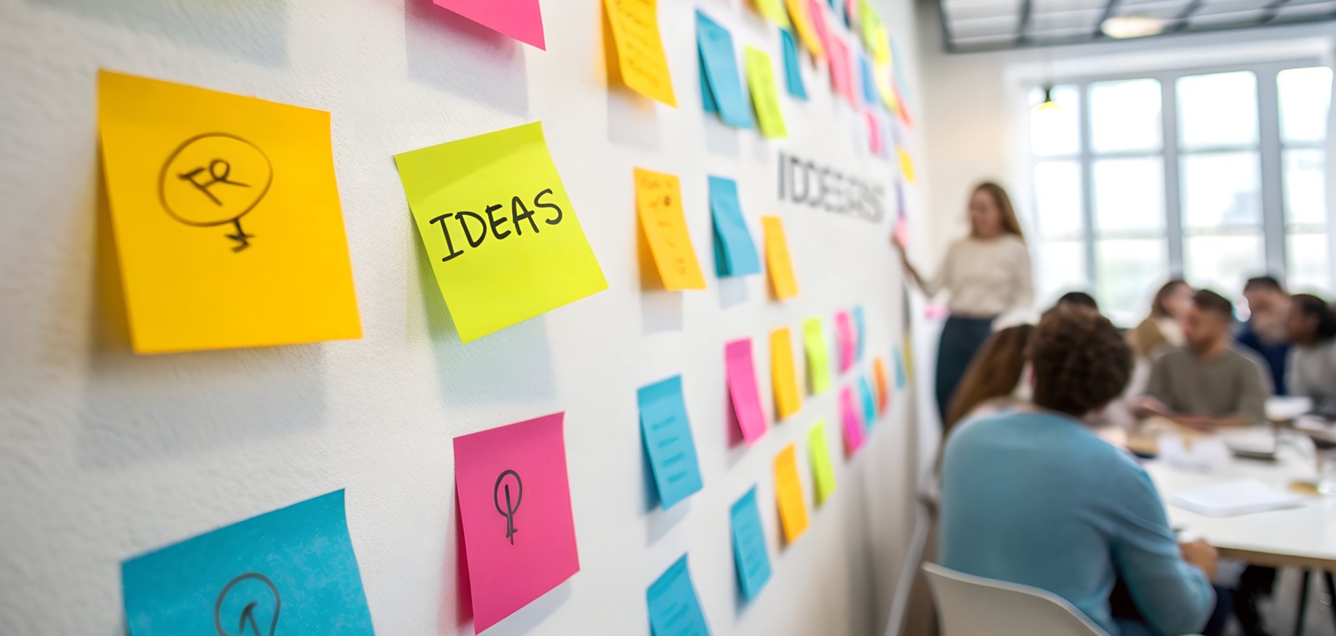 Creative team brainstorming session with colorful sticky notes filled with ideas on wall, symbolizing collaboration, innovation, and group planning. Creative team brainstorming session with colorful sticky notes filled with ideas on wall, symbolizing collaboration, innovation, and group planning.