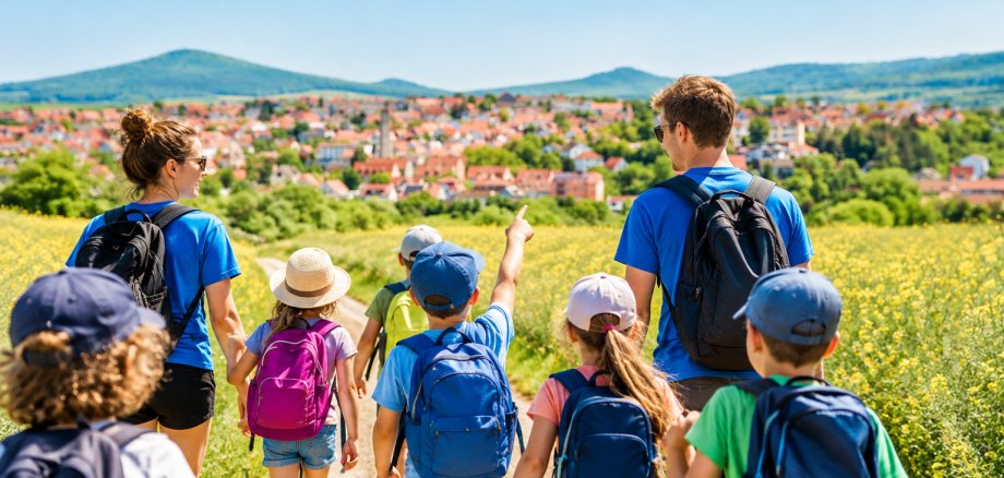Gruppe mit Kinder in Landschaft KI-generiert
