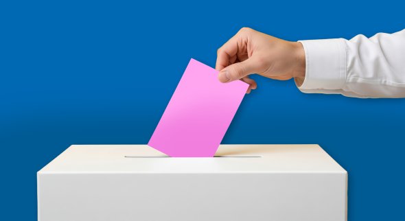A hand seen casting a vote into a ballot box against a yellow background. A useful visual representing topics such as democracy, elections, and the right to vote. A hand seen casting a vote into a ballot box against a yellow background. A useful visual representing topics such as democracy, elections, and the right to vote.
